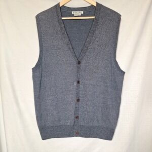 100% Silk Knit Sweater Vest L Slate Blue Knitted Button Up Sleeveless Cardigan
